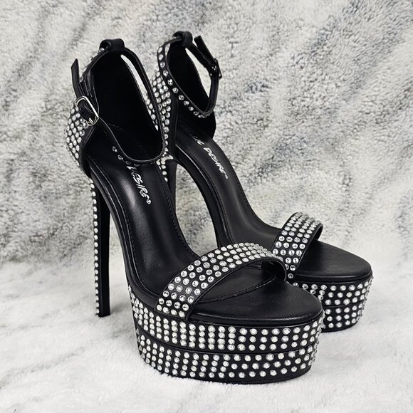 Dolls Kill Public Desire UK3/US5 Black Rhinestone Platform Heels Ankle Strap - Picture 2 of 12